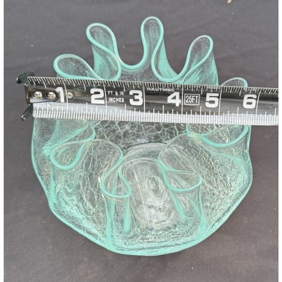 Vtg Aqua Color Crackle Glass Ruffled Crimpled Pinched Pleated Ribbon Glass Bowl - Picture 8 of 11